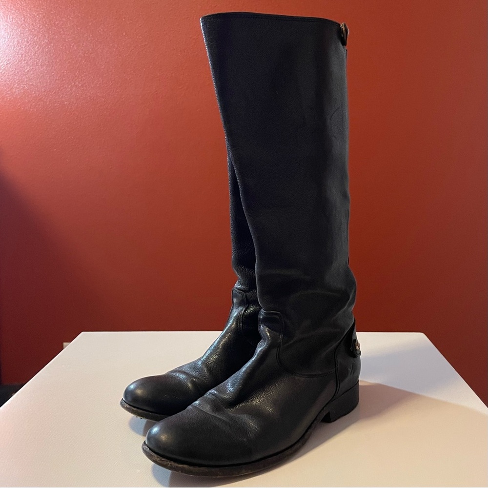 Frye Women’s Melissa Black Leather Tab Snap Back Zip Tall Riding Heeled Boots